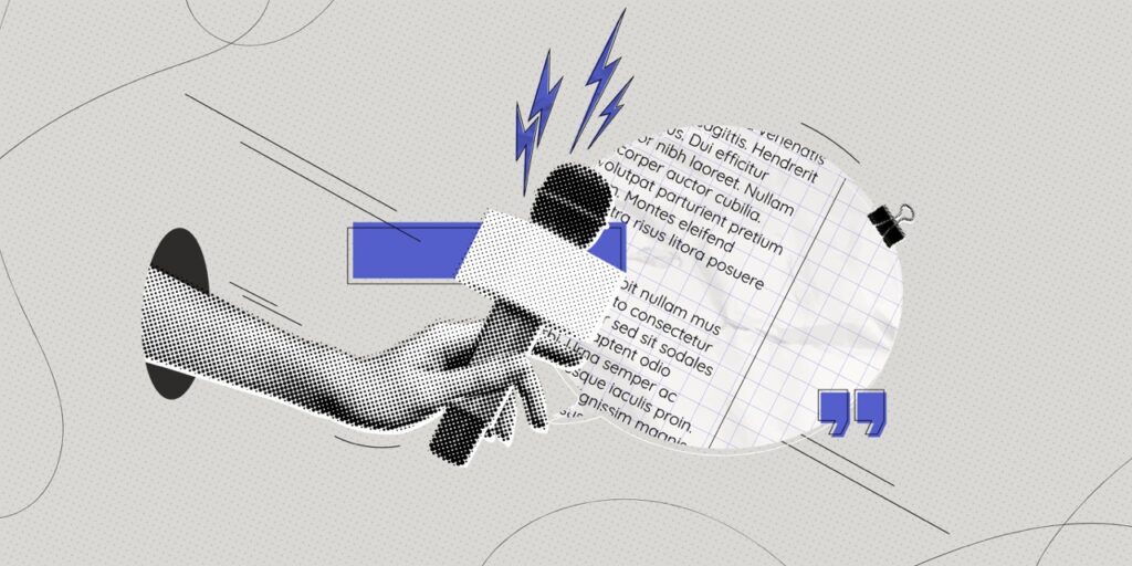 Collage tendance en demi-teintes, concept de diffusion en ligne. Main tenant un microphone et bulle de dialogue. Enregistrement audio d’une interview. Conversation dans un podcast. Illustration contemporaine en art vectoriel.